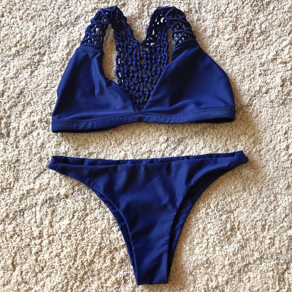 Mikoh bikini set medium blue crochet top +…
